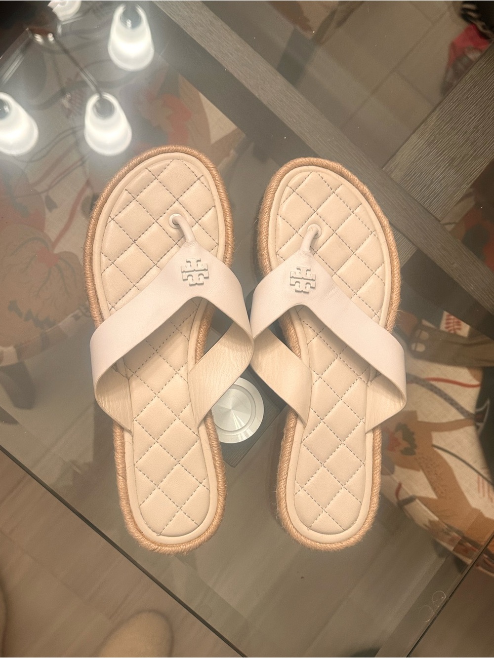 Tory Burch Quilted Thong Sandals in Cream with Raffia Trim - Size 10.5M